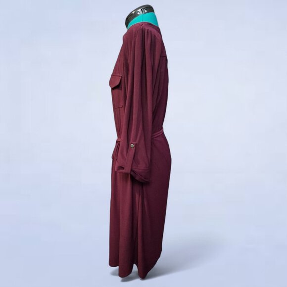 Avenue Burgundy Shirt Dress Size 14/16 | Button Front Midi Belted Plus Size - Picture 2 of 7